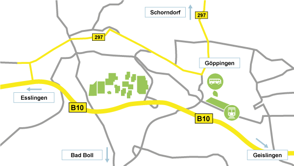 Karte von Göppingen mit der Lage der Kaufmännischen Schule im Schulzentrum Öde